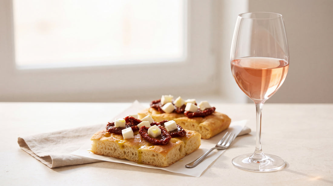 Rosato del Salento: focaccia, formaggi e pomodori con pomodori sott'olio Minnelea