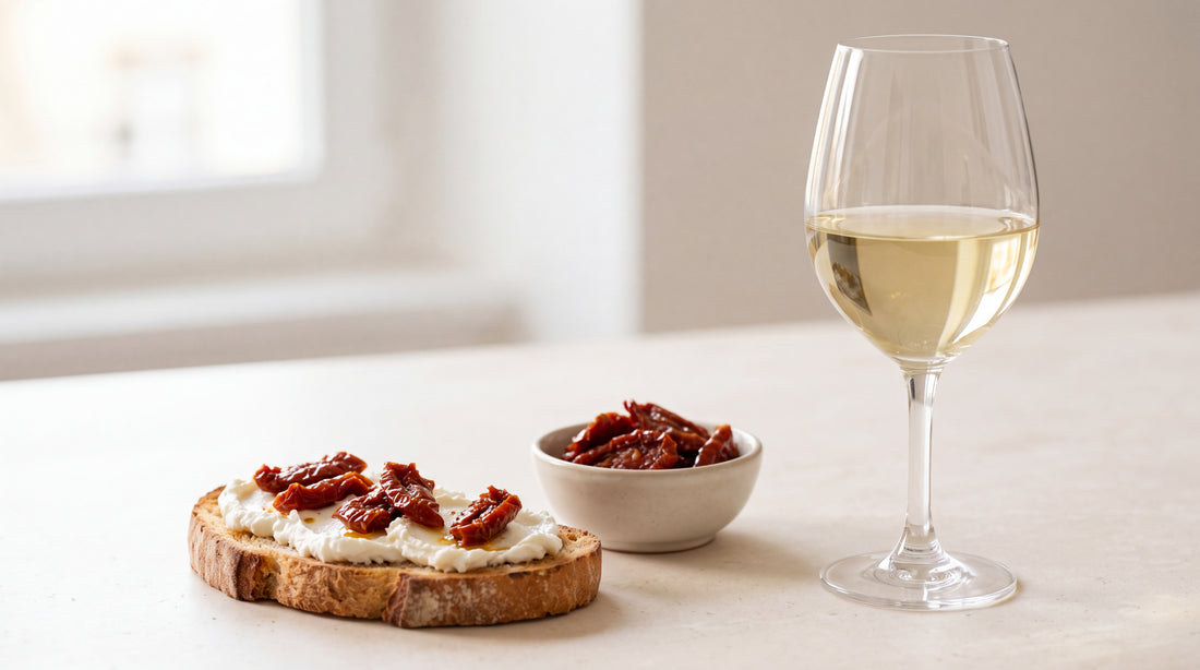 Sauvignon Blanc: caprino e pomodori secchi con pomodori sott'olio Minnelea
