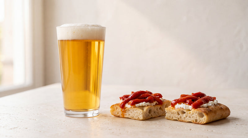 Session IPA: focaccia con formaggio fresco e peperoni con peperoni sott'olio Minnelea