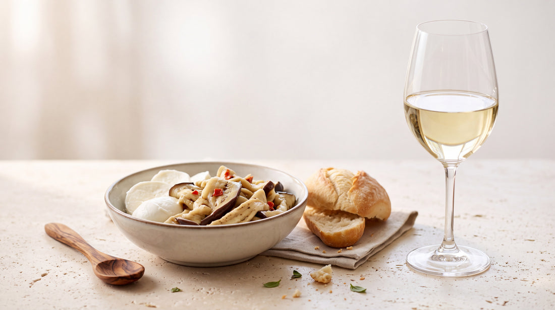 Soave: mozzarella e melanzane nell’antipasto con melanzane sott'olio Minnelea