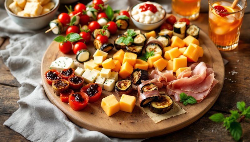 Tagliere rotondo di stuzzichini senza cottura: spiedini di pomodorini e mozzarella, involtini di melanzane grigliate, cubetti di formaggio, pomodorini ripieni, prosciutto crudo e due bicchieri di aperitivo all'arancia
