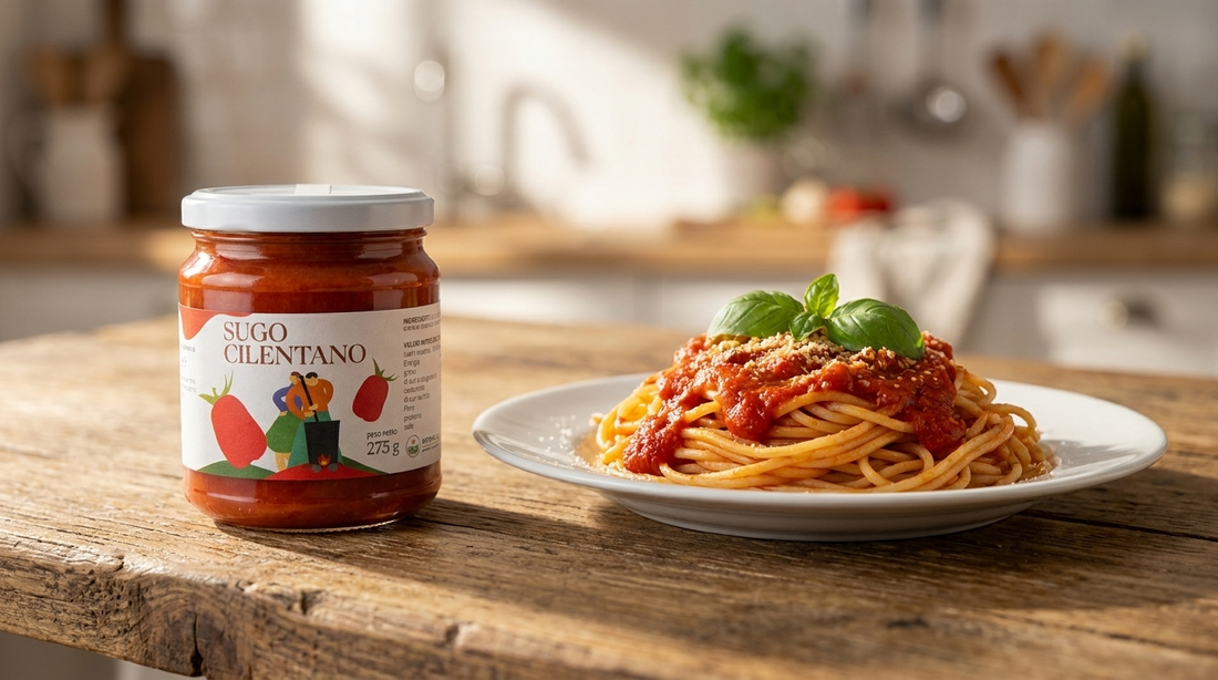 Vasetto di Sugo Cilentano Minnelea con piatto di pasta al pomodoro