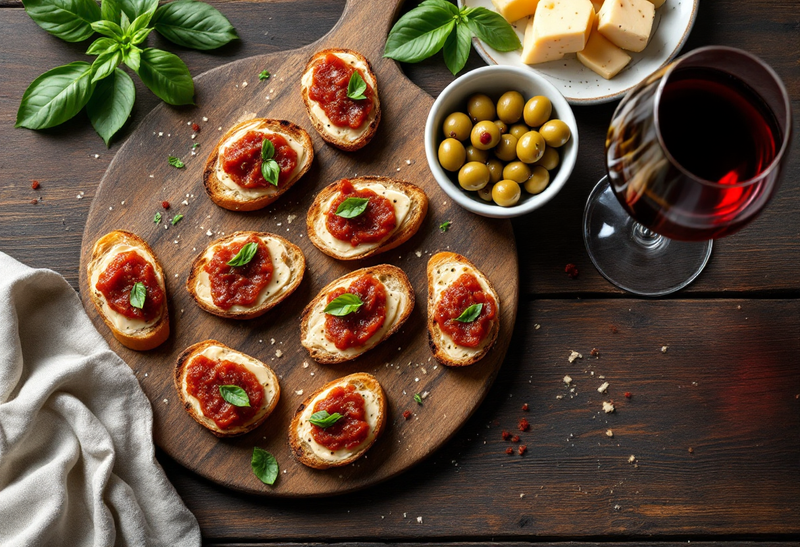 Crostini mit Tomatenaufstrich aus getrockneten Tomaten und Basilikum auf einem Holzbrett, daneben grüne Oliven, Käsewürfel und ein Glas Rotwein