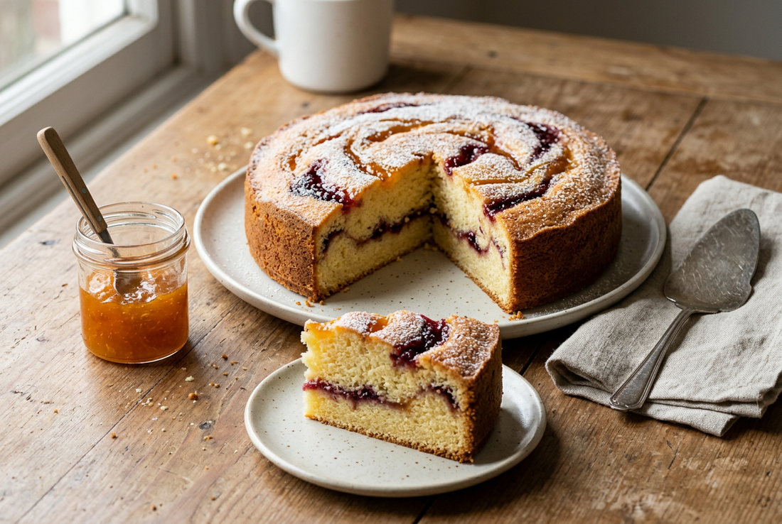 Angeschnittener Marmeladenkuchen aus der Springform mit Puderzucker, im Anschnitt Streifen aus Waldbeerenmarmelade, daneben ein Glas Aprikosenmarmelade