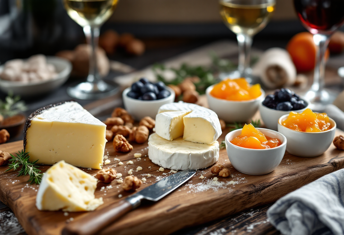 Käsebrett mit Pecorino, Brie und einem Stück Hartkäse, daneben Schälchen mit Aprikosenkonfitüre und Heidelbeeren, Walnüsse, ein Glas Weißwein und ein Glas Rotwein