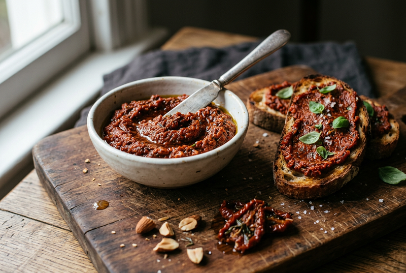 Tomatenaufstrich aus getrockneten Tomaten in einem Schälchen, daneben geröstete Brotscheiben mit Aufstrich und Basilikum, getrocknete Tomaten und Mandeln