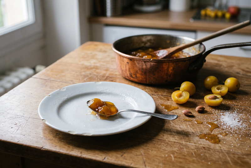Une cuillerée de confiture de mirabelles dorée posée sur une assiette froide, à côté d'une bassine en cuivre, de mirabelles coupées en deux et de leurs noyaux