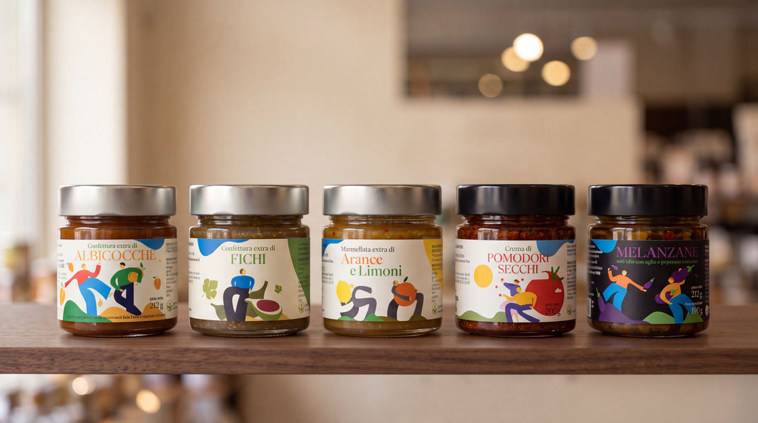 Cinq bocaux de conserves artisanales italiennes alignés sur l'étagère d'une épicerie fine
