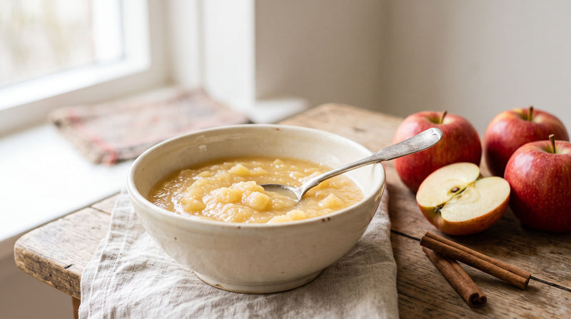 Zelfgemaakte appelmoes in een keramieken kom met rode appels en kaneel