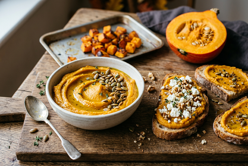 Orangefarbener Kürbisaufstrich mit Olivenöl und Kürbiskernen in einem Schälchen, daneben geröstete Brotscheiben mit Aufstrich, eine davon mit Feta und Walnüssen