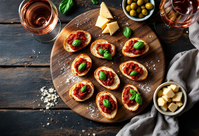 Crostini au pâté de tomates séchées et basilic sur une planche en bois, avec des cubes de fromage, des olives vertes et deux verres de rosé