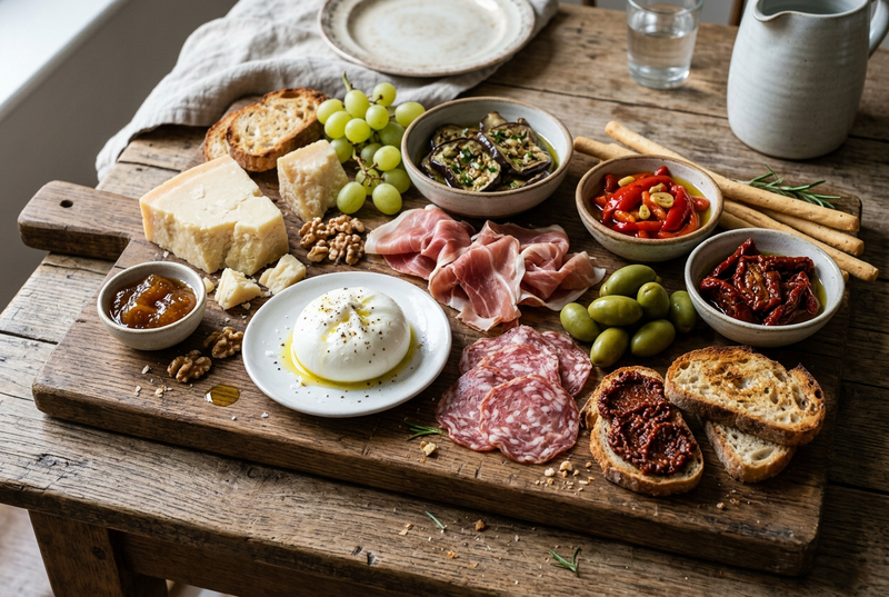 Italienische Jausenplatte mit Pecorino, Burrata, Prosciutto und Salami, Schälchen mit Melanzani, Paprika und getrockneten Paradeisern in Öl, Crostini mit Paradeiser-Aufstrich und Feigenkonfitüre neben dem Käse