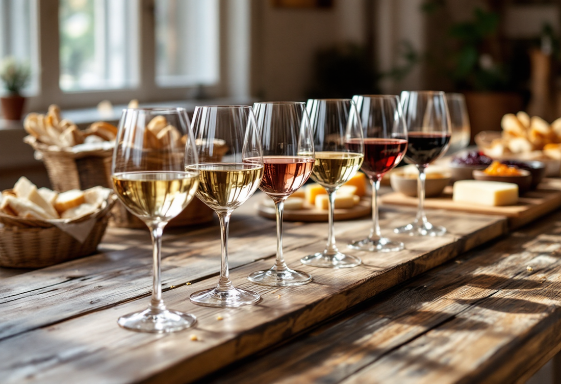 Weinprobe zu Hause: eine Reihe Weingläser von Weißwein über Rosé bis Rotwein, Brotkörbe und im Hintergrund ein Käsebrett mit Schälchen Konfitüre
