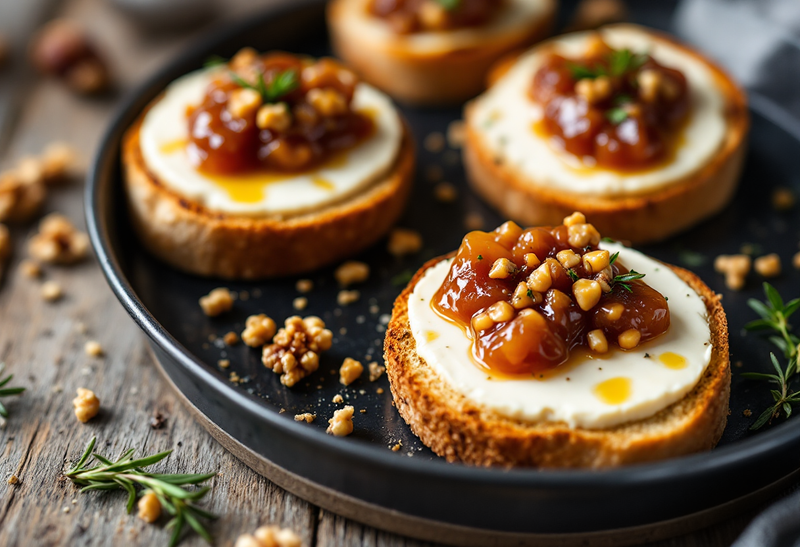 Geröstete Brotscheiben mit Ziegenkäse, Feigenkonfitüre und gehackten Walnüssen auf einem dunklen Blech