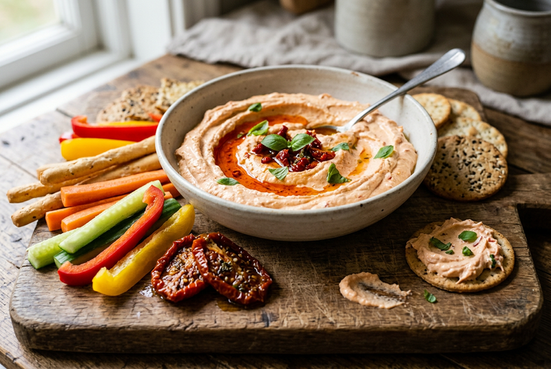 Frischkäse-Dip mit getrockneten Tomaten in einer flachen Schale, mit Tomatenöl und Basilikum, daneben Gemüsesticks, Grissini und Cracker