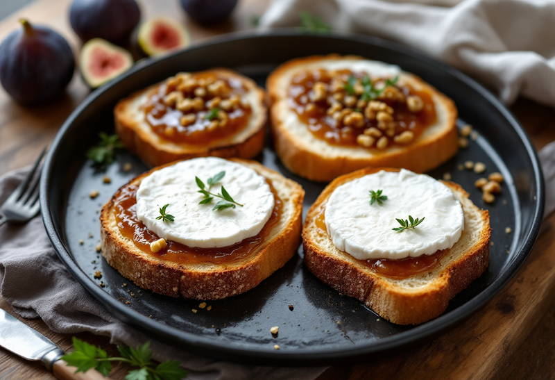 Toasts de pain de campagne à la confiture de figues et aux noix, deux garnis de rondelles de chèvre et de thym, sur une plaque sombre avec des figues fraîches