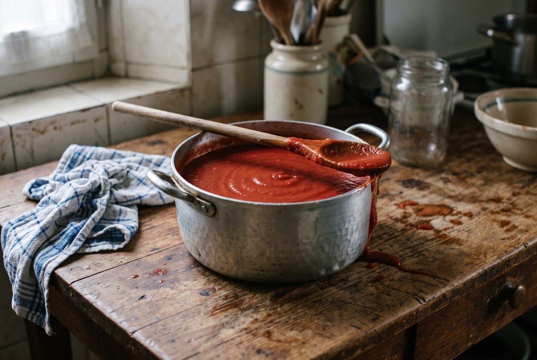 Coulis de tomates lisse et sans peaux ni pépins dans une casserole en aluminium bosselée, une cuillère en bois posée en travers, sur une table de cuisine en bois usé