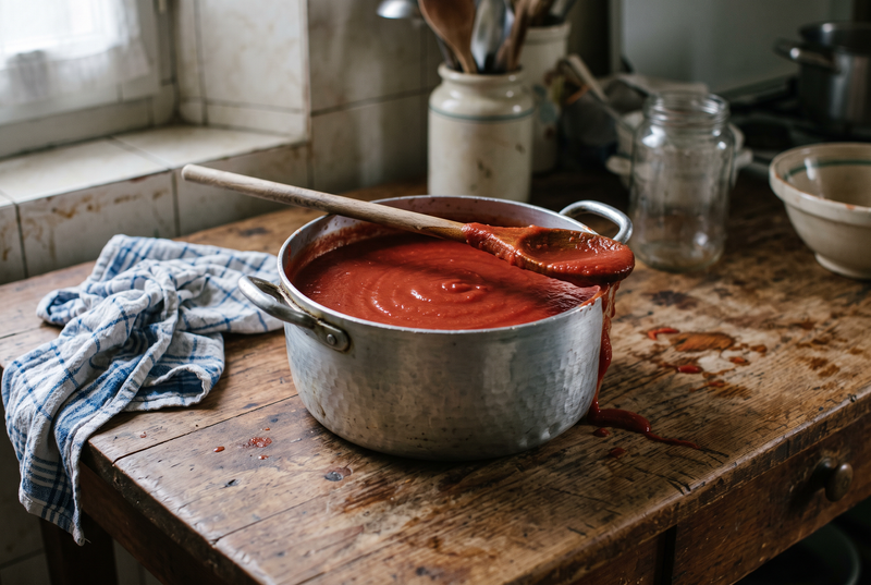 Coulis de tomates lisse et sans peaux ni pépins dans une casserole en aluminium bosselée, une cuillère en bois posée en travers, sur une table de cuisine en bois usé