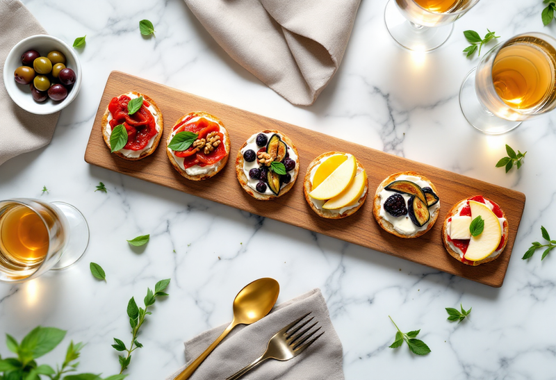 Houten plank met ronde toastjes, belegd met paprika en verse kaas, geitenkaas met walnoot, bosbessen, peer en vijg, met een schaaltje olijven en glazen witte wijn op een marmeren tafel