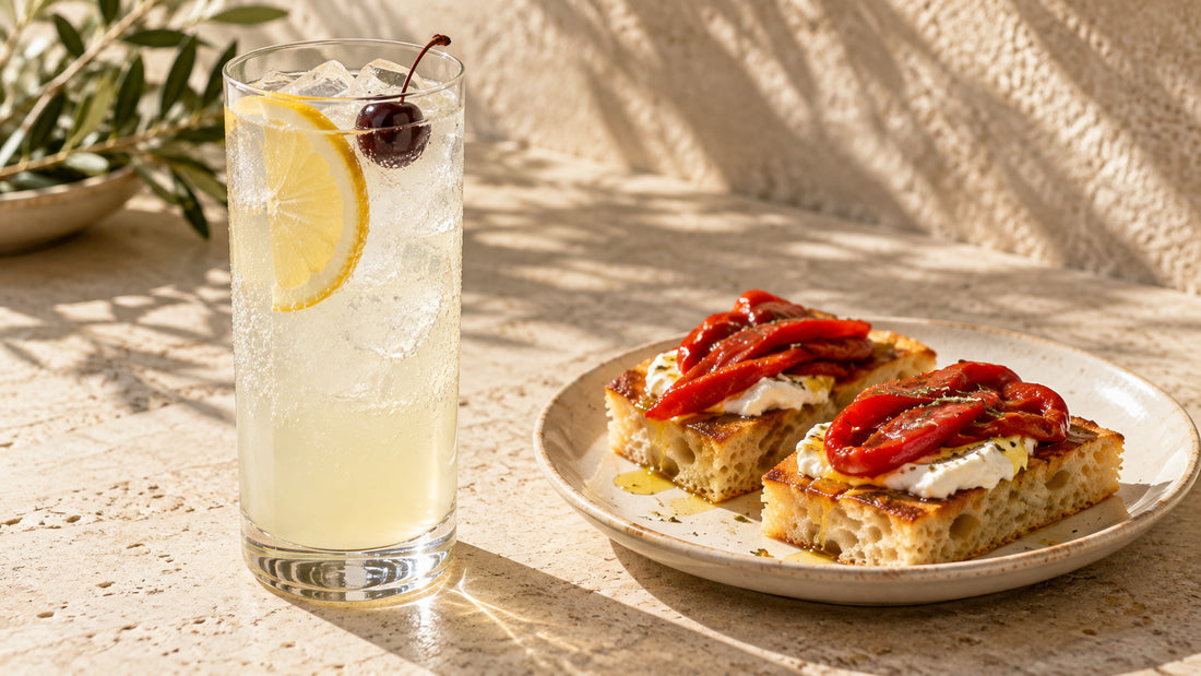 Tom Collins: focaccia al formaggio e peperoni con peperoni sott'olio Minnelea