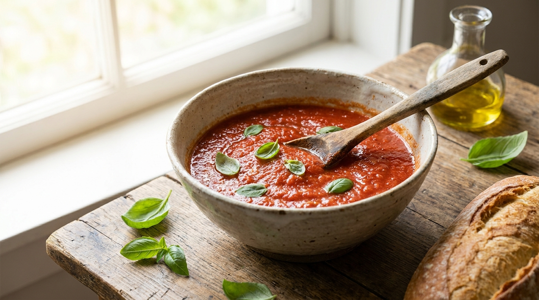 Tomatensugo und Pizza mit Tomatensauce