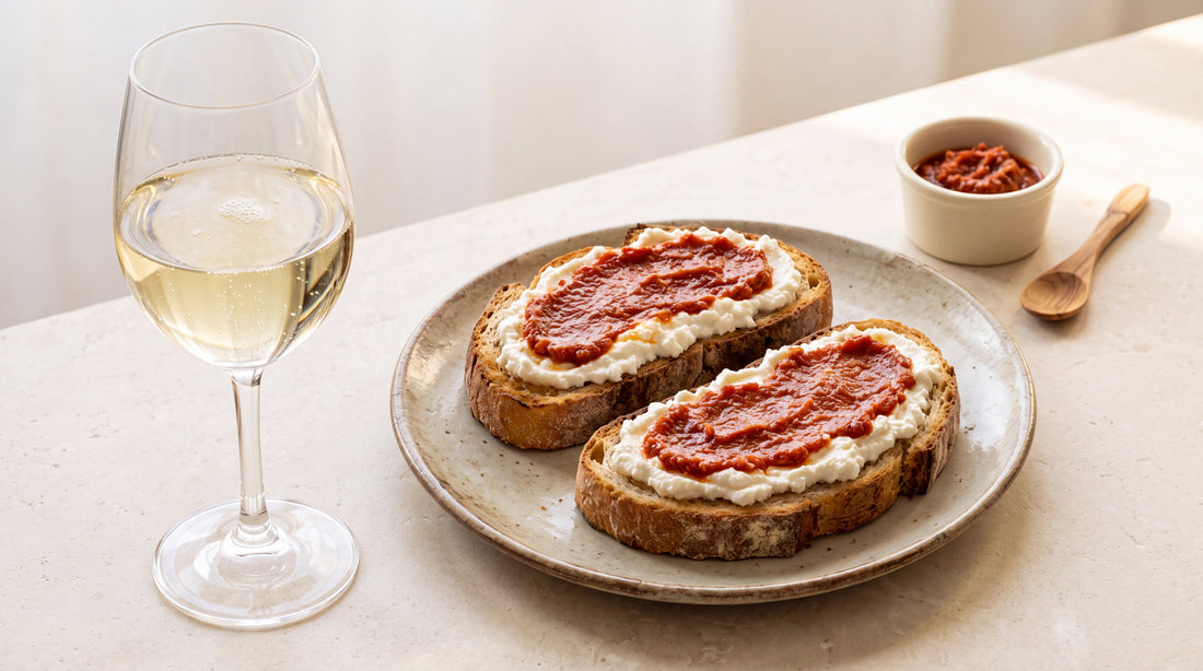 Trentodoc brut: ricotta e pomodoro sul crostino con paté di pomodori secchi Minnelea