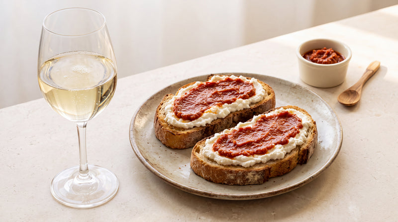 Trentodoc brut: ricotta e pomodoro sul crostino con paté di pomodori secchi Minnelea