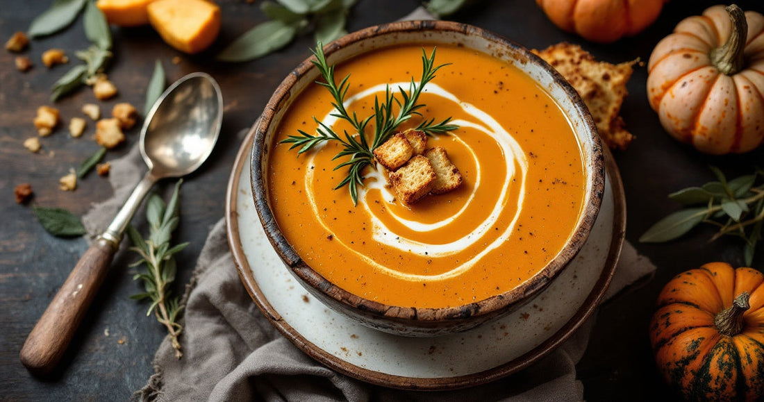 Vellutata di zucca cremosa in una ciotola, con un filo d'olio extravergine, crostini e rosmarino