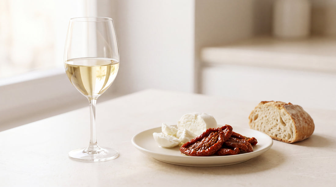 Vermentino: antipasti con pomodori secchi e mozzarella con pomodori sott'olio Minnelea