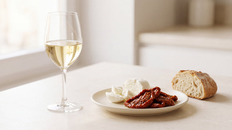 Vermentino: antipasti con pomodori secchi e mozzarella con pomodori sott'olio Minnelea