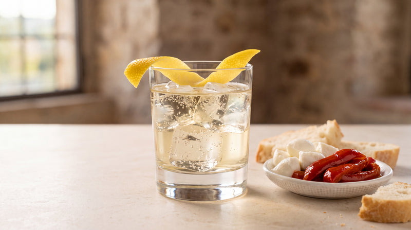 Vermouth bianco e soda: un piatto di verdure e formaggio con peperoni sott'olio Minnelea