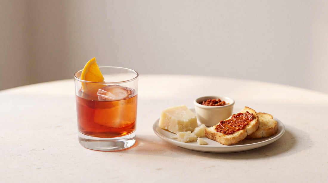 Vermouth rosso con ghiaccio e arancia, pecorino e crostini con paté di pomodori secchi