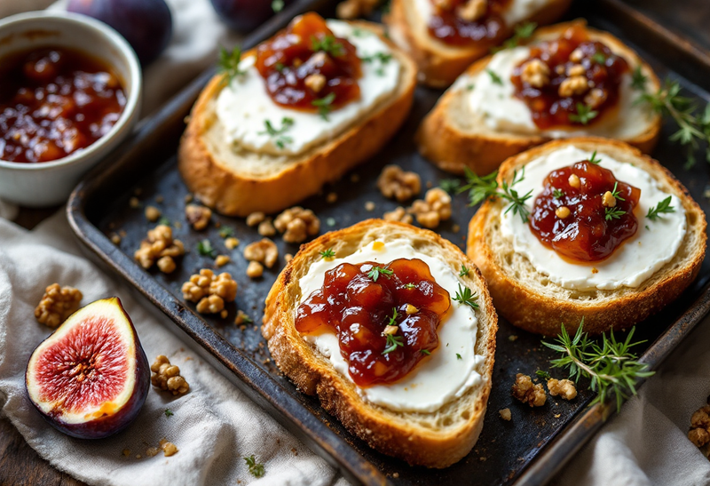 Geroosterde sneden brood met verse geitenkaas, vijgenconfituur, walnoten en tijm op een donkere bakplaat, daarnaast een halve verse vijg en een schaaltje vijgenconfituur