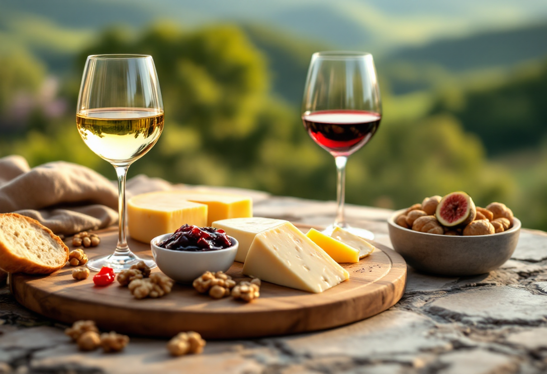 Un calice di vino bianco paglierino e uno di vino rosso rubino su un tavolo di pietra all'aperto, con un tagliere di pecorino e caciocavallo, confettura di fichi, noci e pane, colline verdi sullo sfondo