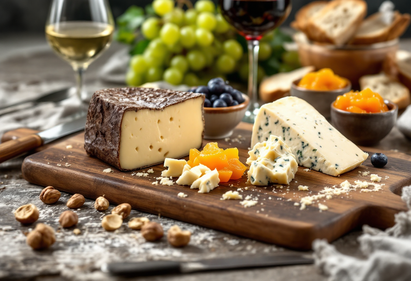 Tagliere di legno con un formaggio stagionato dalla crosta scura, un erborinato e pezzetti di formaggio, ciotoline di confettura di albicocche, mirtilli e uva, un calice di vino bianco e uno di rosso