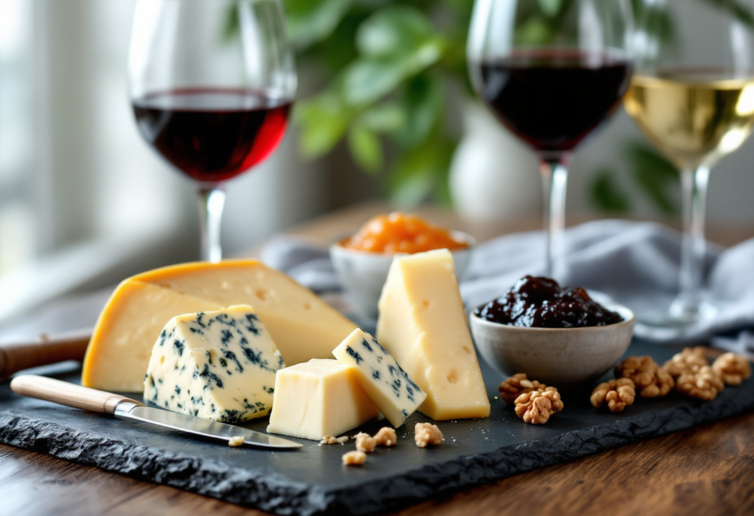 Leistenen plank met oude harde kaas, blauwe kaas en jonge kaas, schaaltjes vijgenconfituur en abrikozenconfituur, walnoten, een glas rode en een glas witte wijn