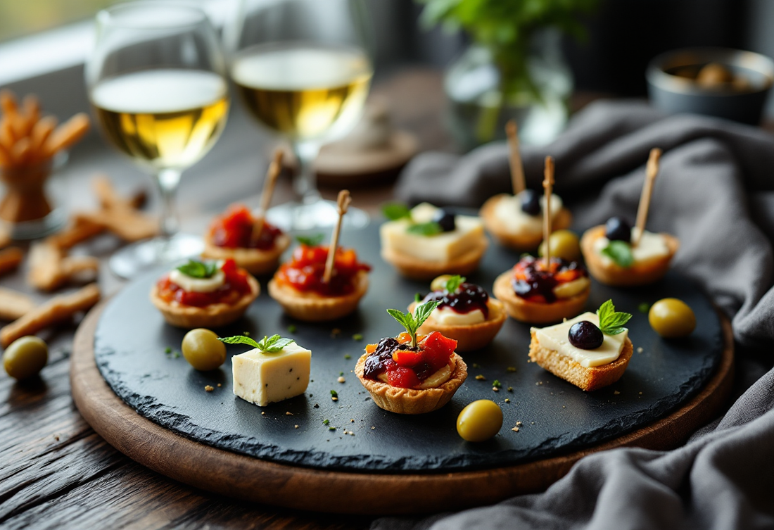 Plateau en ardoise avec de petites tartelettes garnies de tomate et de basilic, des cubes de fromage, des bouchées au fromage frais et à la confiture, des olives vertes et des gressins, deux verres de vin blanc