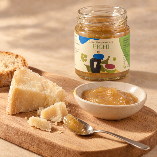 Pecorino, pane e confettura di fichi Minnelea per un aperitivo.