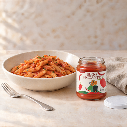 Penne all’arrabbiata con vasetto aperto di Sugo Piccante Minnelea, su piano beige.