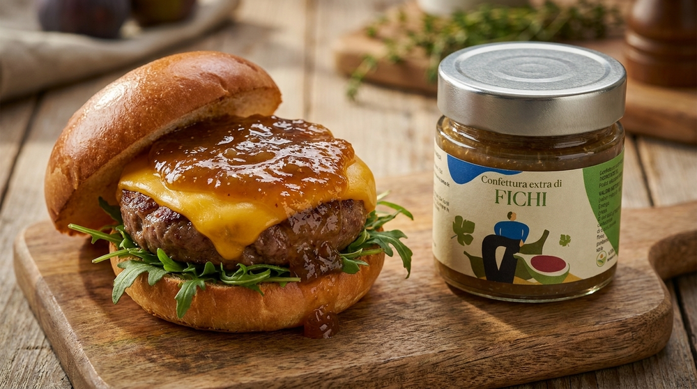 Burger gourmet con confettura di fichi e cheddar