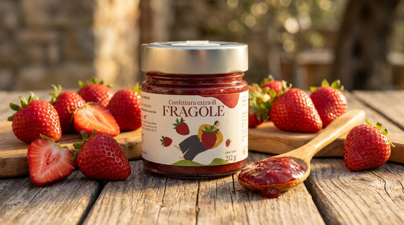 Vasetto di confettura extra di fragole Minnelea con fragole fresche e cucchiaio