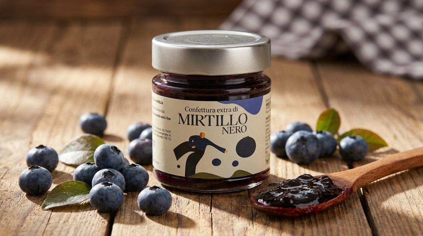 Vasetto di confettura extra di mirtillo nero Minnelea con mirtilli freschi e cucchiaio