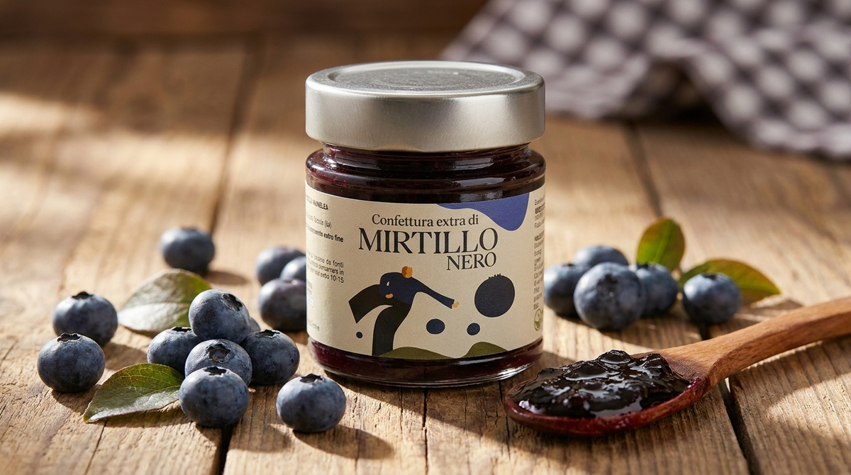 Vasetto di confettura extra di mirtillo nero Minnelea con mirtilli freschi e cucchiaio