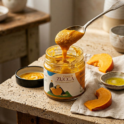 Crema di zucca con olio EVO Minnelea servita al cucchiaio