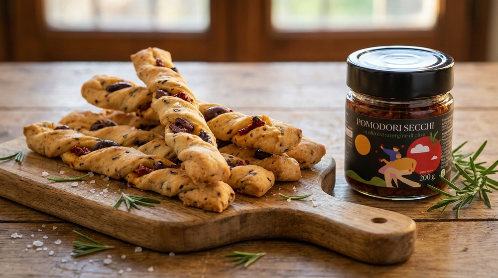 Grissini rustici con olive e pomodori secchi