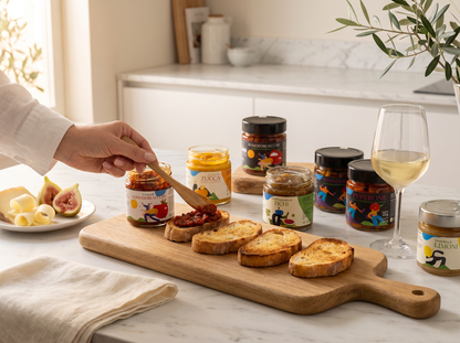 Kit Degustazione Premium Minnelea - bruschette con paté di pomodori secchi su tavolata cilentana, vino bianco e fichi freschi