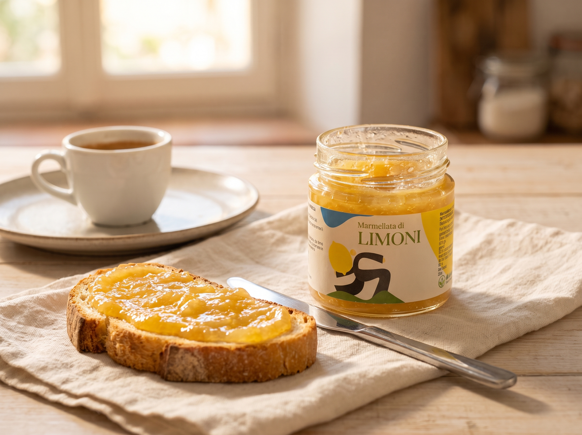 Marmellata di limoni Minnelea spalmata sul pane a colazione con caffe