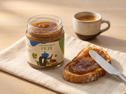 Confettura extra di fichi Minnelea spalmata su pane con caffe