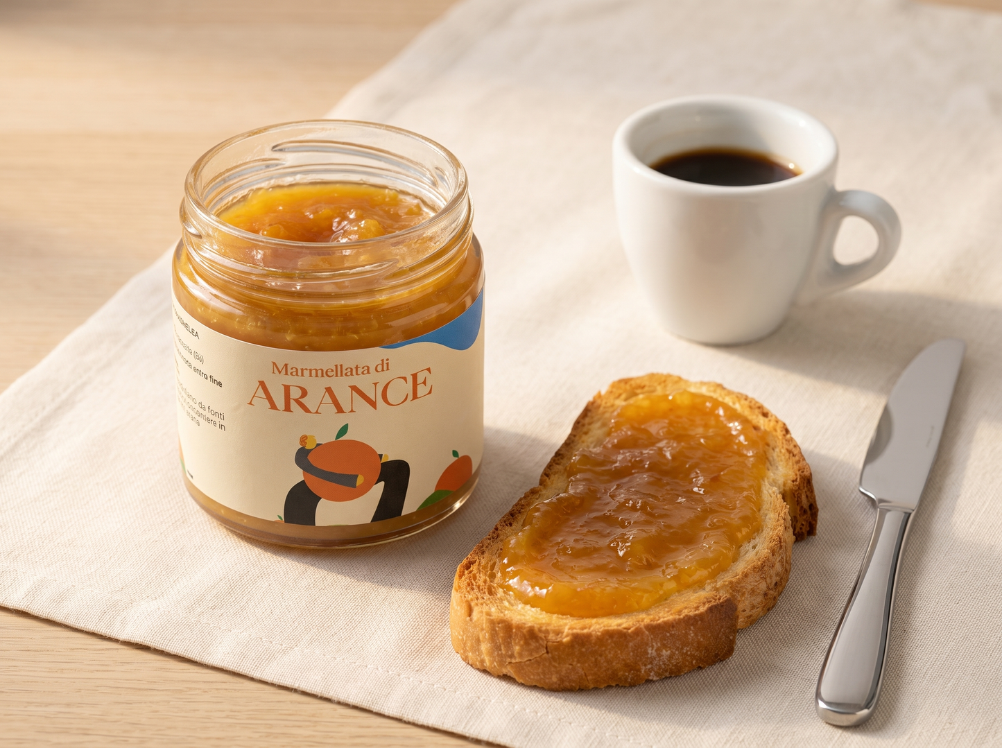 Marmellata extra di arance Minnelea nel vasetto aperto con pane spalmato e caffe