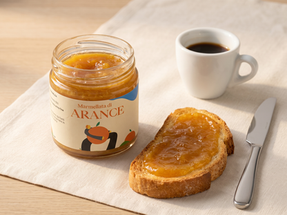 Marmellata extra di arance Minnelea nel vasetto aperto con pane spalmato e caffe